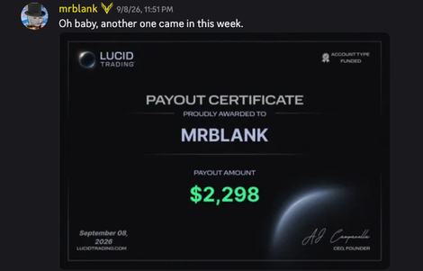 Community member sharing a Lucid Trading payout certificate for $2,298