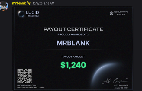 Community member sharing a Lucid Trading payout certificate for $1,240