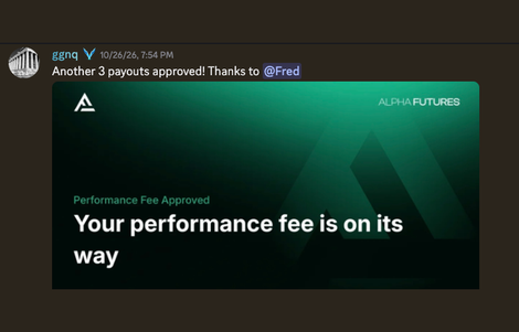 Community member sharing three approved Alpha Futures payouts