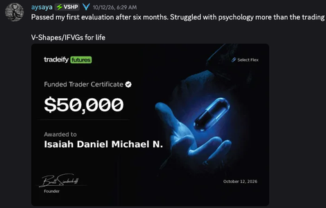 Community member sharing a Tradeify funded trader certificate for a $50,000 account
